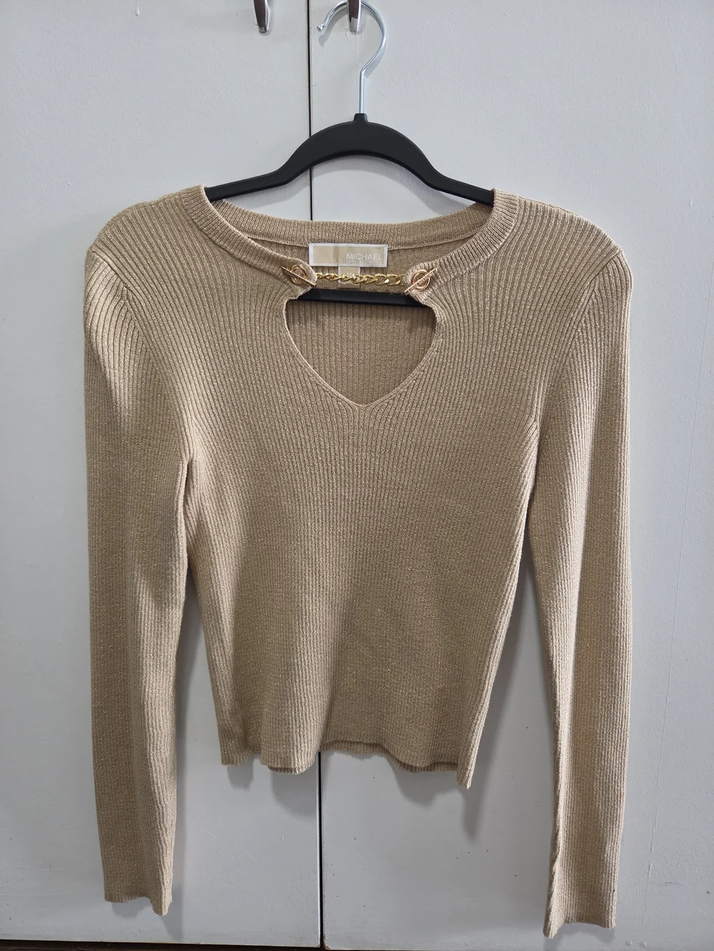 Michael Kors Gold-Trim Beige Ribbed Knit Top
